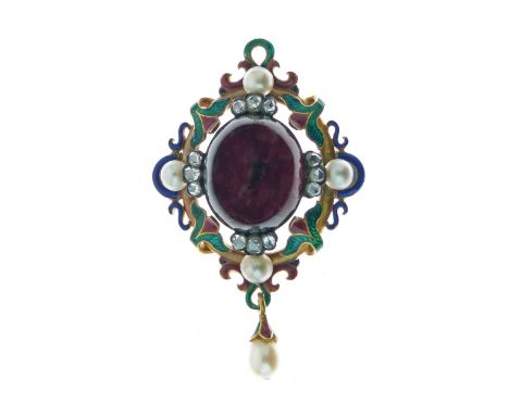 Victorian garnet, diamond and pearl enamel decorated Holbeinesque pendant brooch, the carbuncle with a trio of rose cuts to t