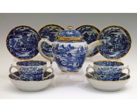 Pair of 19th Century Chinese export porcelain two handled tea cups and saucers, each having blue and white painted decoration