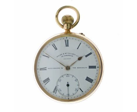 Wales & McCulloch Ltd, 56 Cheapside, London, Watchmaker to the Admiralty - 18ct gold open faced keyless pocket watch, London 