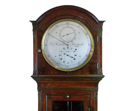 Regency mahogany longcase regulator by Robert Roskell of Liverpool, arch shaped hood with circular glazed door, trunk with lo