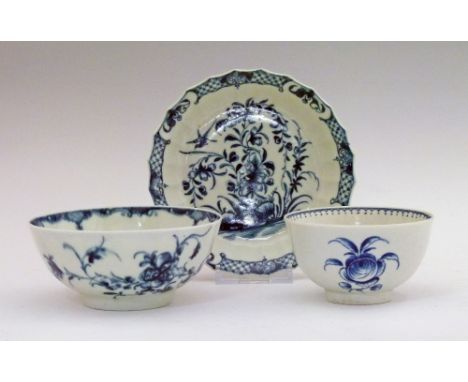 Three pieces of 18th Century blue and white painted Worcester comprising: shaped circular dish decorated with the Hollow Rock