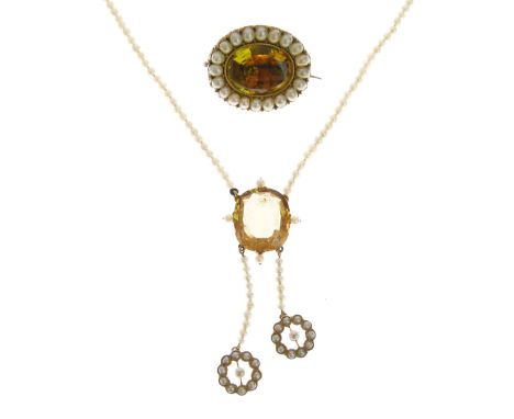 Citrine and seed pearl necklace, the cushion shaped stone with pearls to the compass points, with a seed pearl negligeé drop 