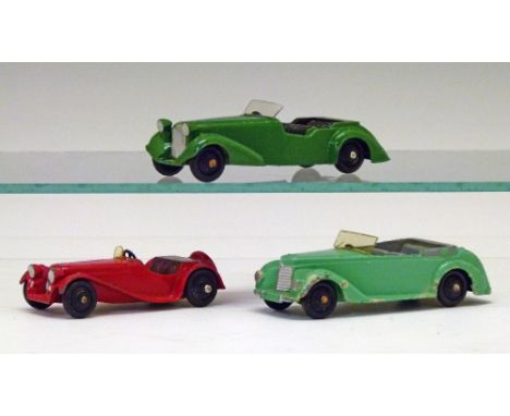 Dinky diecast - Three 38 Series Open Sports Cars - Alvis Sports Tourer (38d), green body, black seats, hubs and base plate, A