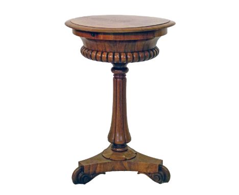 Victorian marquetry inlaid figured walnut teapoy, the circular hinged top opening to reveal a velvet lined interior, standing
