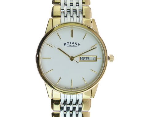 Rotary - Gentleman's two-tone gold plate and stainless steel wristwatch, signed white dial with day and date, applied gold co