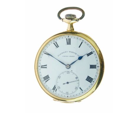 Diamant Watch Co - 18ct gold open faced keyless pocket watch, white enamel dial with black Roman numerals, sunken subsidiary 