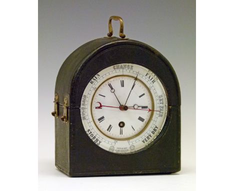Late 19th Century Bourdon and Richards Patent brass cased ships style combined clock/metallic barometer, the white enamel dia