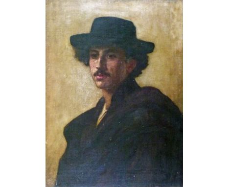 19th Century Continental School - Oil on canvas - Portrait of a young man wearing a wide brimmed hat, 68.5cm x 51cm  Conditio