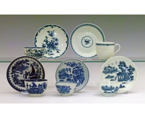 Small collection of 18th Century Worcester blue and white tableware comprising: moulded coffee cup and saucer painted with th