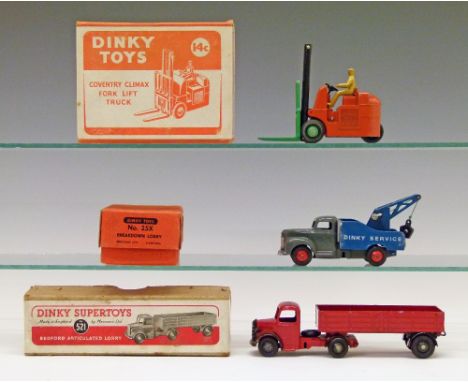 Dinky diecast - Three vehicles comprising: Bedford Articulated Lorry (521), red body, black wings and hubs, '20' transfer, in
