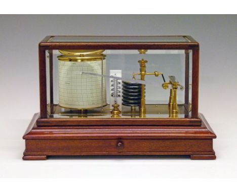 Mahogany cased barograph and thermometer, case with bevelled glass panels, one long drawer and standing on bracket feet, 36.2