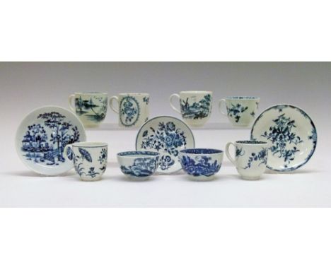 Collection of 18th Century Worcester blue and white painted and printed tableware comprising: coffee can printed in the Fruit