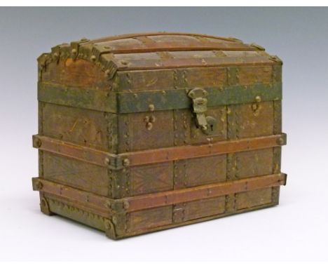 Late 19th Century miniature wood, steel and leather bound dome top cabin trunk, 32cm wide  Condition: One side handle is miss