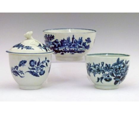 Three pieces of 18th Century blue and white printed Worcester comprising: lidded deep bowl decorated with Three Flowers patte