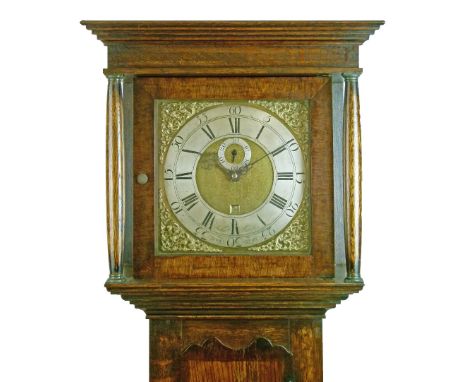 George III oak longcase clock by John Baylis of Tewksbury (sic), the hood with stepped cornice, square glazed door flanked by