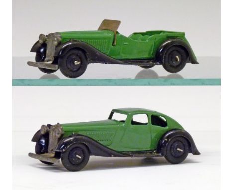 Dinky diecast - Two Post War 36 Series Cars - British Salmson Four Seater (36f), mid green body, black chassis, tinplate wind