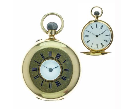 Anonymous - 18ct gold half hunter style keyless fob watch, the white enamel dial with black Roman numerals and hands, the fou