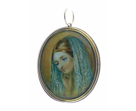 Miniature portrait brooch pendant, locket back with hair, the plain frame 5.8cm long  Condition: Unmarked, some discolouratio