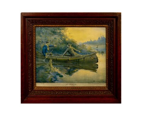 Framed poster print by American painter and conservationist Frank Stick (American, 1884-1966). The image depicts an early mor