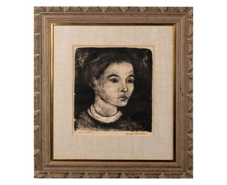 Handsome black &amp; white lithograph on paper of a three-quarter view portrait of a young boy. Minaux used various methods o