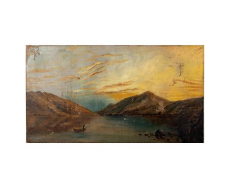 Original oil on canvas in a Hudson River style that represents a solitary fisherman surrounded by barren mountains in a seren