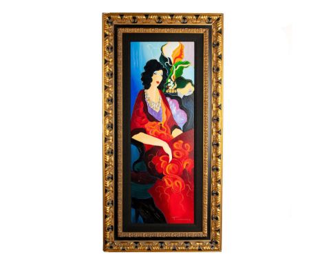 Hand-embellished color serigraph on canvas by Post-Impressionist artist Itzchak Tarkay entitled Red Dress II. It depicts a se
