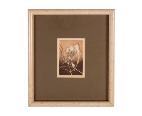 Original etching and aquatint on beige paper entitled Mushrooms by Contemporary Maine-based artist Elizabeth Baird who used a