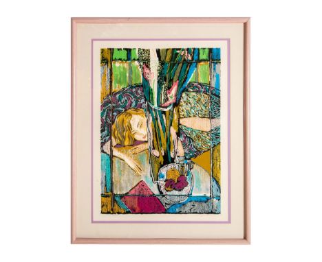 Color silkscreen on paper of a sleeping young woman seen through a screen by Bulgarian artist Petar Panov. Signature on lower