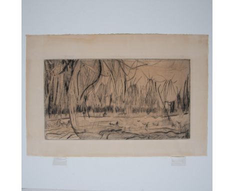 Original drypoint etching on paper by painter and sculptor Fred Albert who used an expressive style to depict a low-vantage v