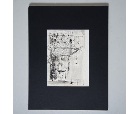 Original etching and aquatint graphite on paper by Magic Realist artist Paul Riba that represents a skinless fish appearing t