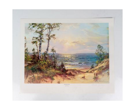 Duneland Sunset is a depiction of the sun setting warmly on a beach's coastline from the view of a sandy shore. It is based o