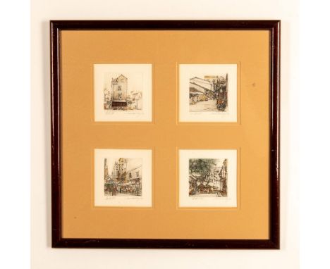 Set of four framed original hand-colored etchings on paper by Hong-Kong trained artist Law Wai Hin who depicts street scenes 