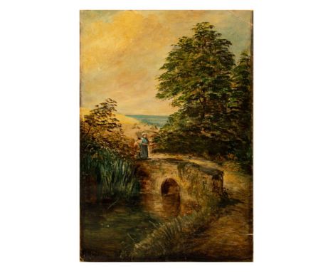 Original oil on canvas affixed to board that depicts two young workers crossing a bridge by the seashore that is partially hi