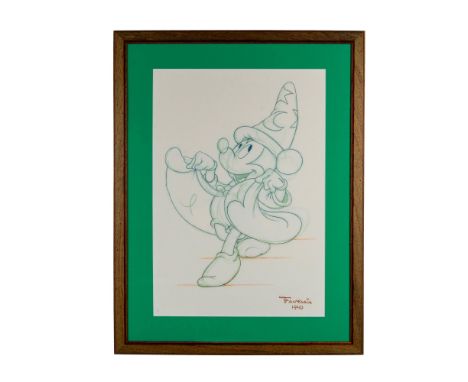 Large offset drawing on paper that depicts Mickey Mouse in the 1940 musical animated feature film Fantasia released by Walt D