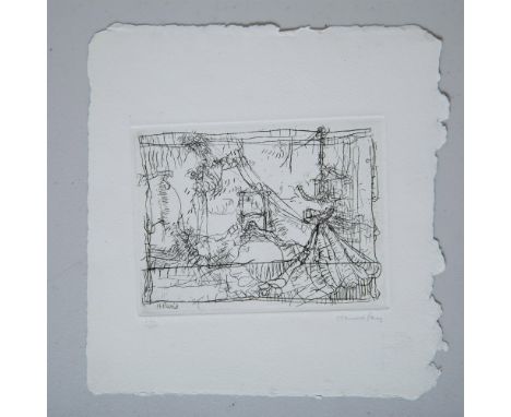 Original monochrome etching on paper entitled Disheveled Bedroom by American sculptor and printmaker Harold Paris. Signature 