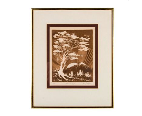 This original intaglio etching on paper entitled Pine Valley is by American artist Al Kaufman who depicted Mount Fuji at sunr