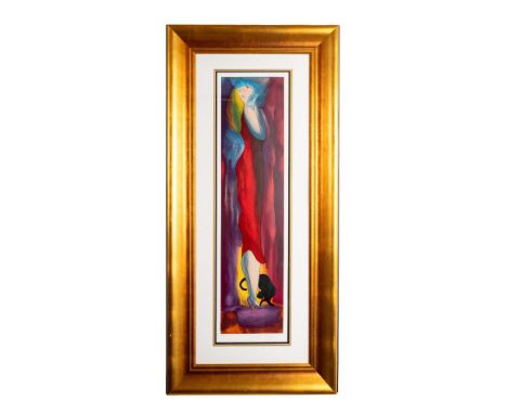 Les Feux de l'Ete is a color serigraph on wove paper by French artist Linda Le Kinff who depicts a blonde woman in a scarlet 