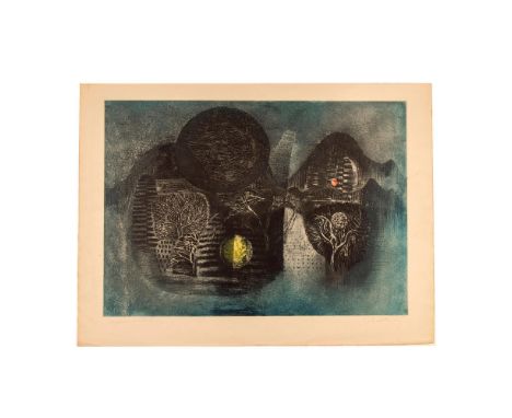 Large original color lithograph entitled Eclipse de Lune by artist Dang Lebadang who has interwoven European and Far East ima