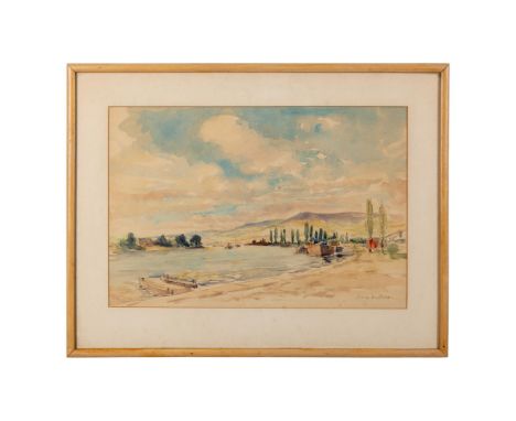Original watercolor on paper by Wolf Robert of a coastline set by a low mountains under an expansive blue sky filled with bil