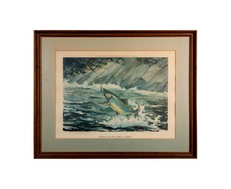 Title: The Eastern Brook Trout. Highly detailed lithograph on paper print. Depicts a thrilling scene of a brook trout leaping