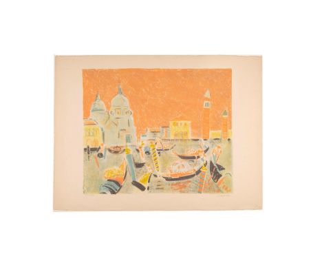 Large original color lithograph by French painter Jacques Truphemus who has depicted a scenic view of Venice, Italy in pastel