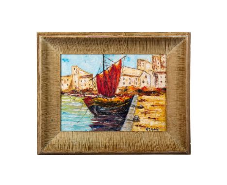 Original oil on canvas by Jerry Blank who has depicted a quaint Mediterranean harbor where a moored red sail boat partially h