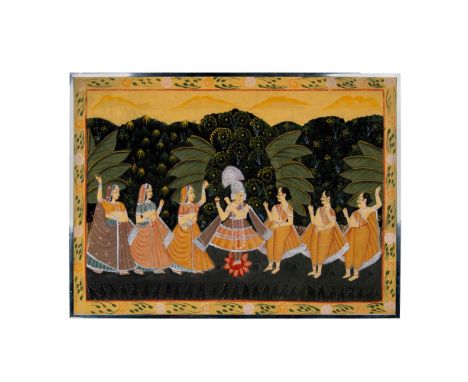 This large original oil on cloth devotional artwork represents Hindu Lord Krishna standing on a lotus flower as he plays his 