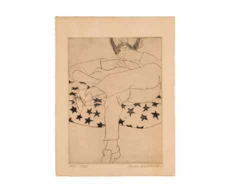 Original etching on wove paper by Charles Whitehead who represented a hippie lounging on a star covered sofa. Signature in pe