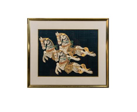 Housed in a golden metal frame with light gray mat. Depicts three white horses adorn with gilt ornate saddles. Frame size: 27