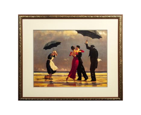 Large chromolithograph after Jack Vettriano's original painting The Singing Butler featuring two individuals holding dark umb