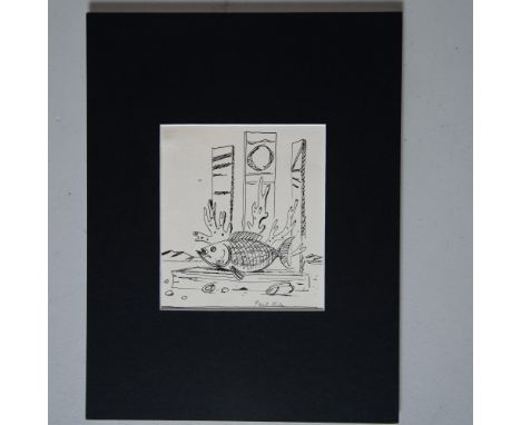 Original black ink drawing on paper by Magic Realist artist Paul Riba of a fish set in a surrealist seascape. Signature in gr