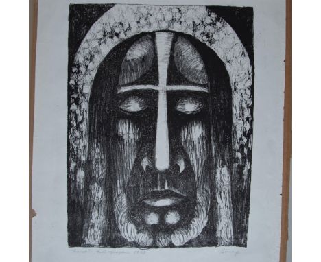Christus is an original monochrome lithograph that represents Jesus with his eyes closed and a halo that highlights his seren