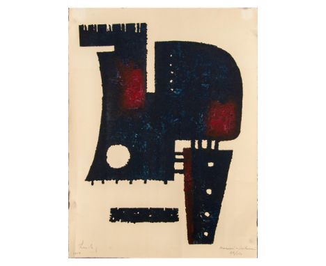 Title: Humain-Sur Humain. Color etching print on paper depicting an abstracted geometric image. Color is a deep ocean blue wi