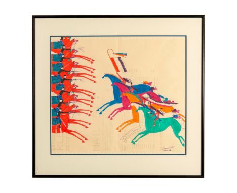 Original ink and color markers drawing on typed ledger paper by Native American artist Francis Yellow, member of the Lakota T